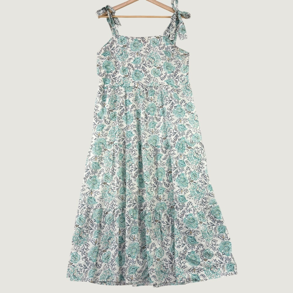 C&C California Floral Maxi Dress Womens Large White Teal Boho Tie Strap Tiered